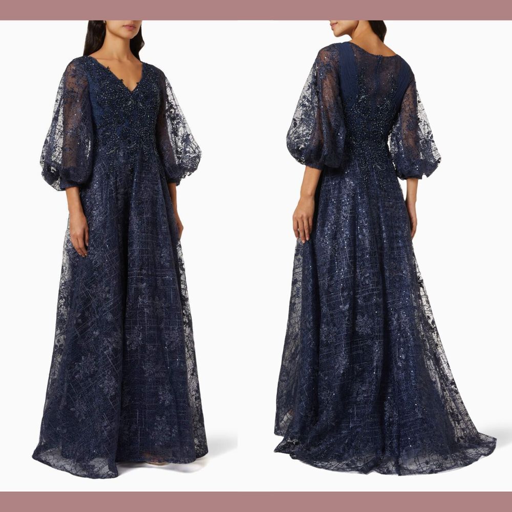 NWT Mac Duggal [ 12 ] Embellished Plunge Neck Puff Sleeve A-Line Gown Blue G1898